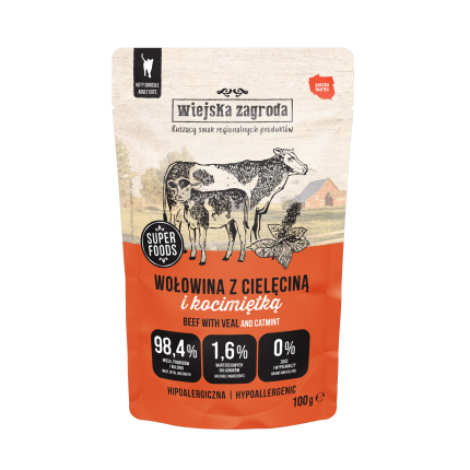 Karma mokra dla kota Wiejska Zagroda Wołowina z cielęciną i kocimiętką