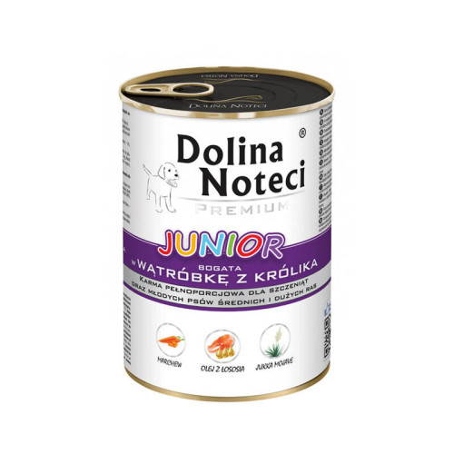 Mokra karma dla psa junior Dolina Noteci Premium bogata w wątróbkę z królika