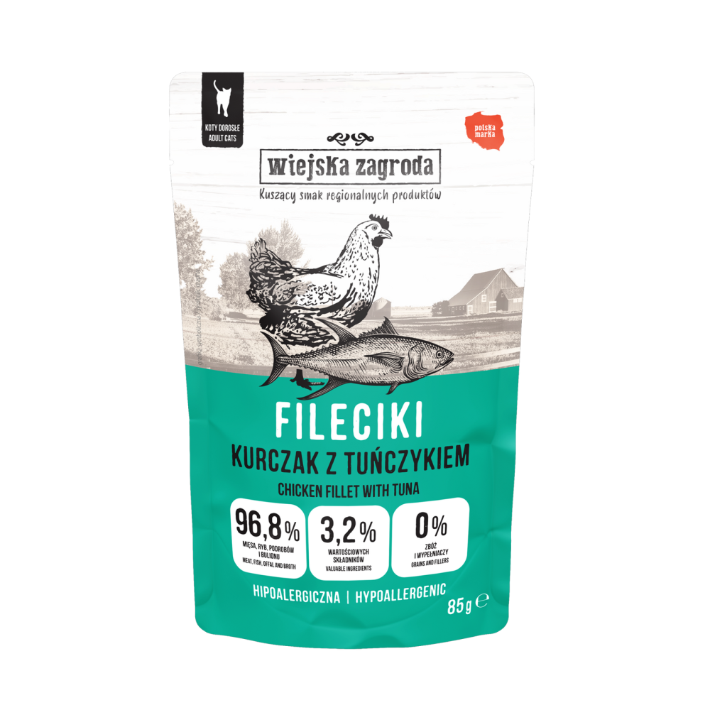Karma mokra dla kota Wiejska Zagroda Fileciki Kurczak z tuńczykiem (dorosły)