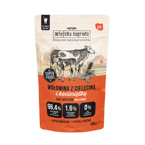 Karma mokra dla kota Wiejska Zagroda Wołowina z cielęciną i kocimiętką (dorosły)