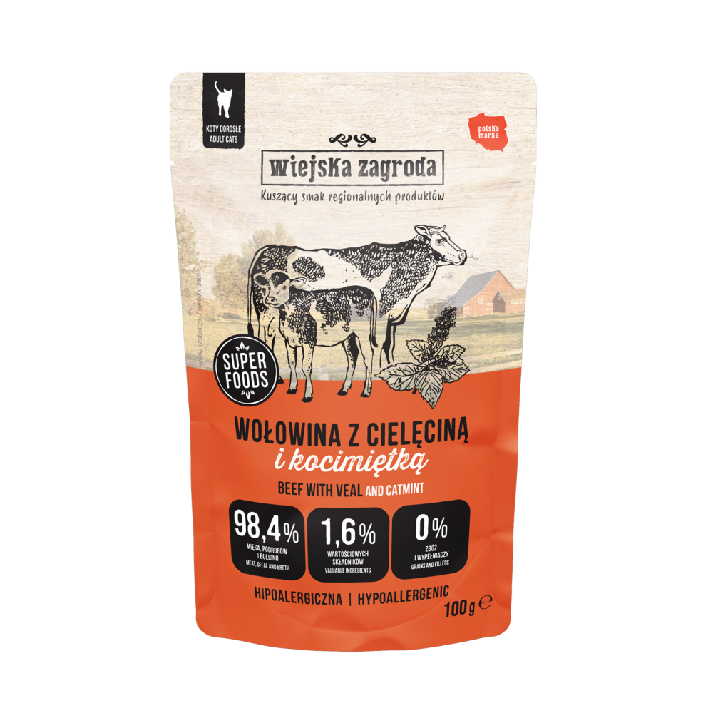 Karma mokra dla kota Wiejska Zagroda Wołowina z cielęciną i kocimiętką (dorosły)