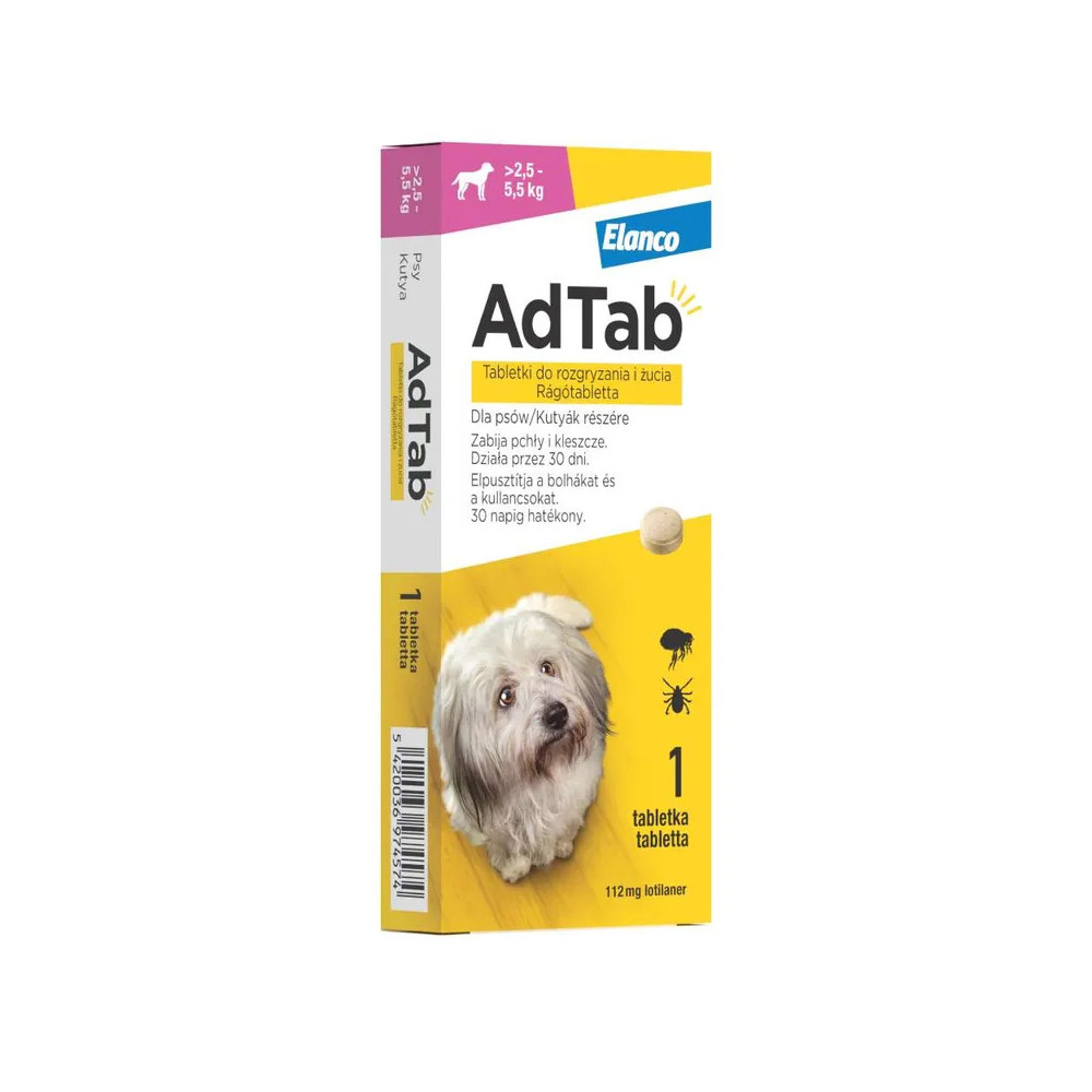 AdTab tabletki do rozgryzania i żucia przeciw pchłom i kleszczom dla psów 2,5-5,5kg