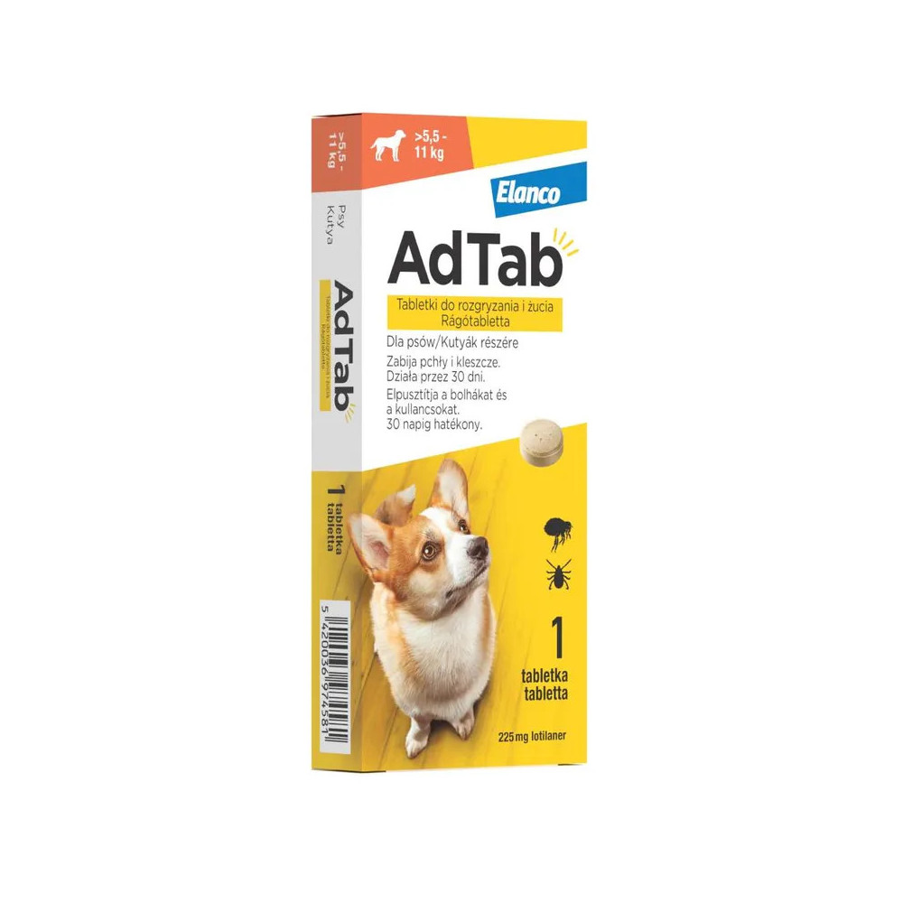 AdTab tabletki do rozgryzania i żucia przeciw pchłom i kleszczom dla psów 5,5-11kg